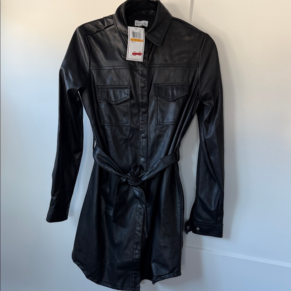 Black Faux Leather Belted Jacket dress